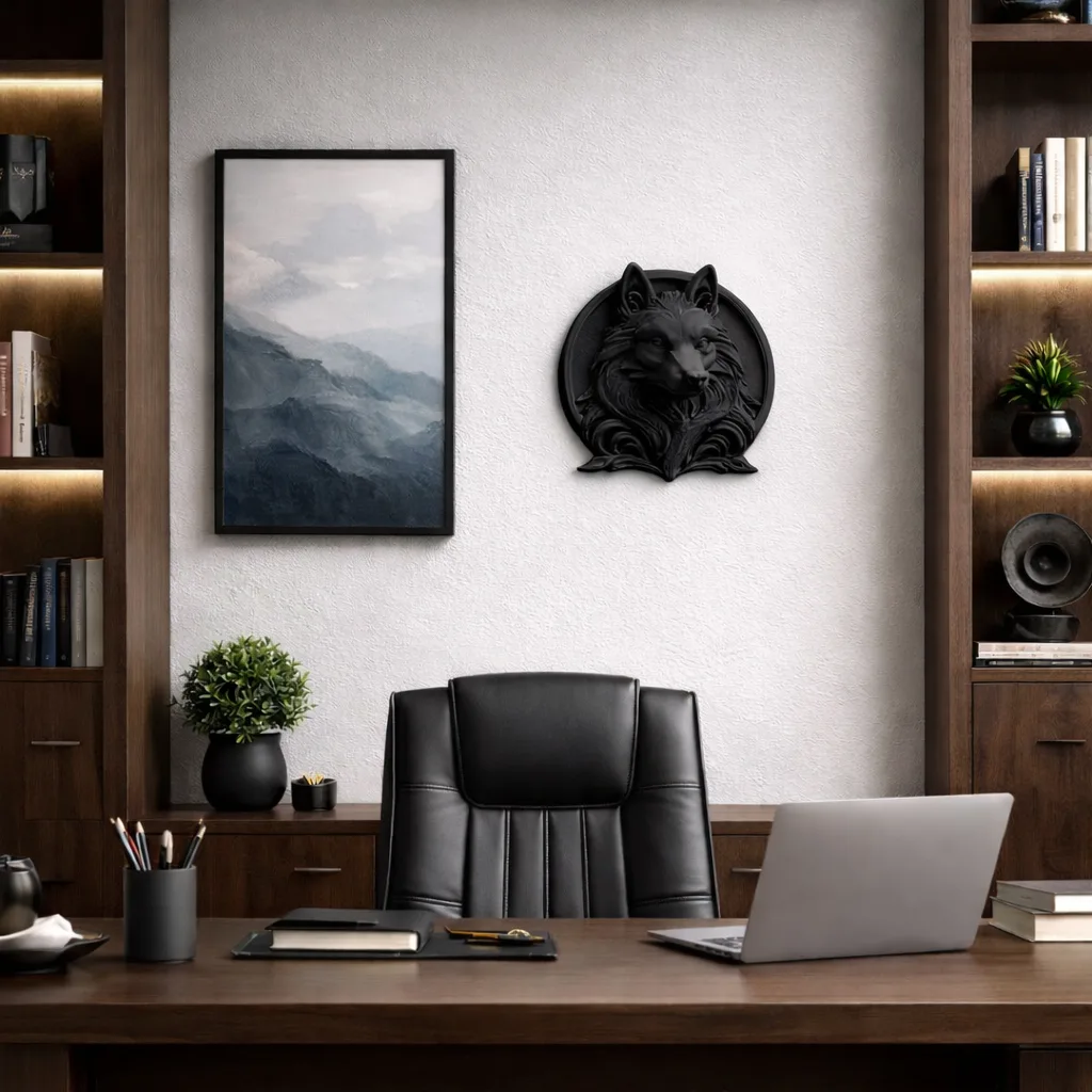 Cenikli Kurt Başı Duvar Dekoru | 20 cm Modern Kabartma Duvar Süsü
