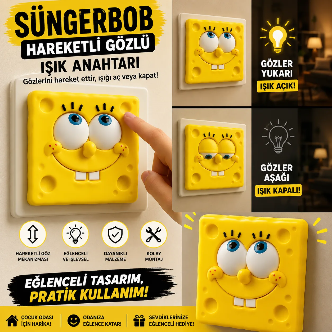 Cenikli SüngerBob & Squidward Hareketli Gözlü Işık Anahtarı