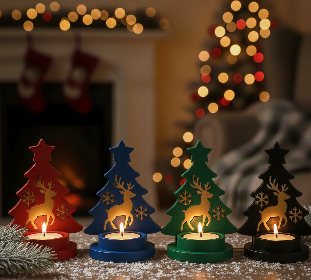 Cenikli Geyik Figürlü Çam Ağacı Dekoratif Mumluk